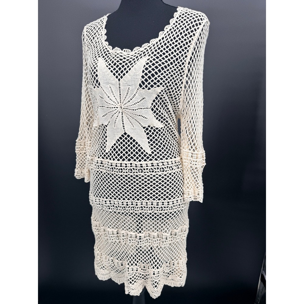 Blue Moon Crochet Dress Women One Size Cream NWT Boho Fishnet Sunburst J2031